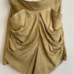 Vintage suede and real leather Tan Ruched Mini Skirt high waist xs
